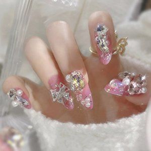 NEW Sparkling Bling Crystal Hearts & Pearls Glitter Press On False Nails…